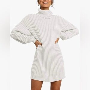 Chic  oversized longue sleeves Ribbed Knit Sweater White Dress